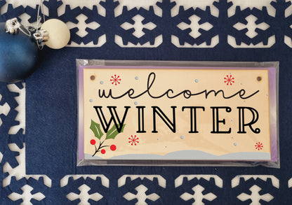 welcome winter Decorative Christmas Sign Seasonal Snowy Scene Handmade Wooden Hanging Wall Plaque Gift