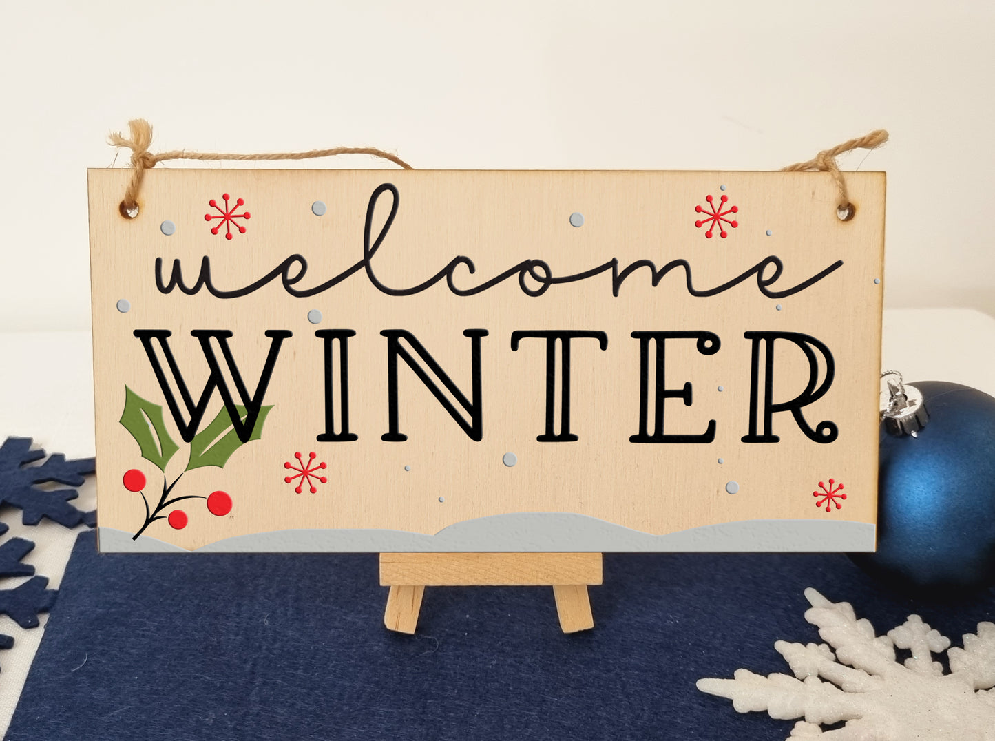 welcome winter Decorative Christmas Sign Seasonal Snowy Scene Handmade Wooden Hanging Wall Plaque Gift