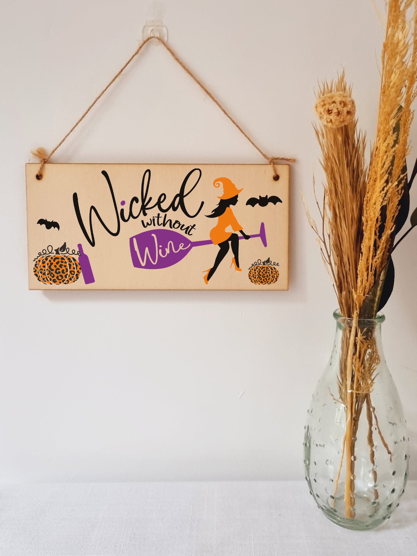 Wicked without Wine Funny Alcohol Halloween Sign Handmade Wooden Hanging Wall Plaque Gift Kitchen Home Décor