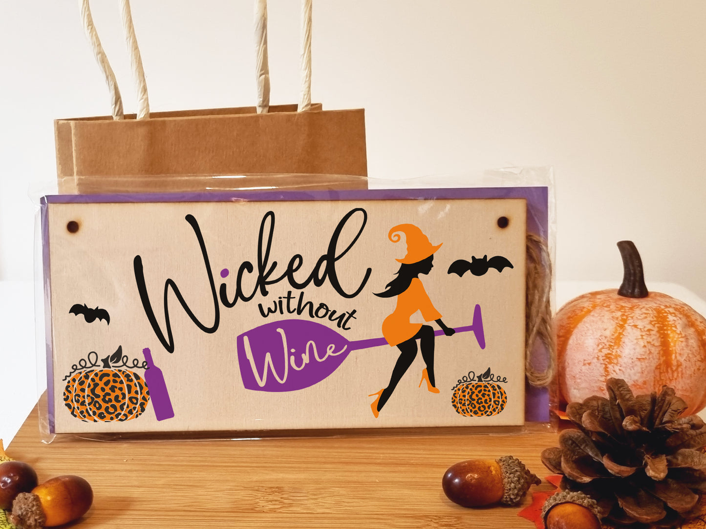 Wicked without Wine Funny Alcohol Halloween Sign Handmade Wooden Hanging Wall Plaque Gift Kitchen Home Décor