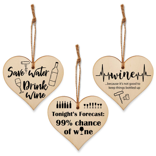 Set of 3 Hanging Decorations Wooden Hearts Funny Wine Bottle Tag Gifts | Save Water Drink Wine | Don't Keep Things Bottled Up