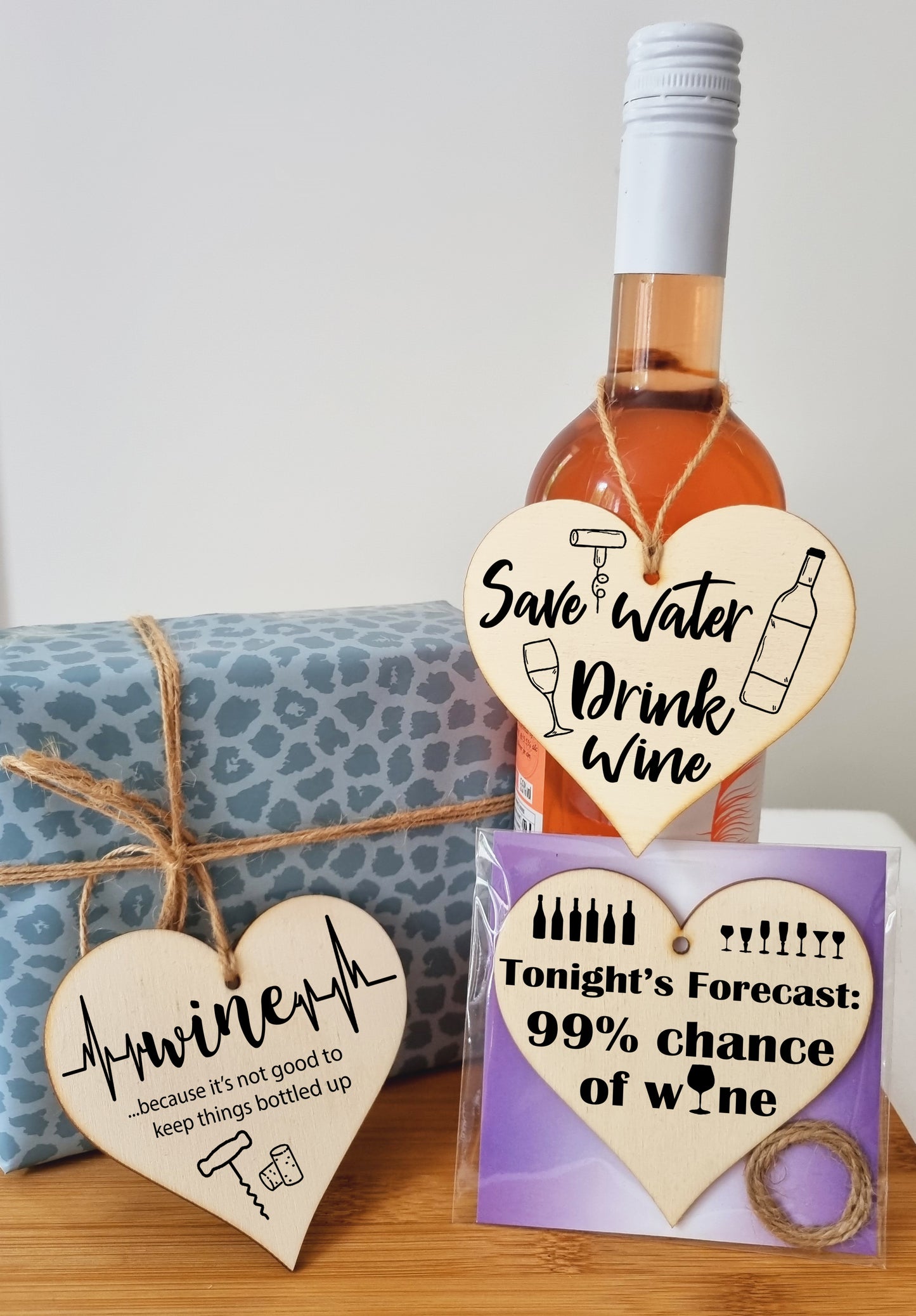 Set of 3 Hanging Decorations Wooden Hearts Funny Wine Bottle Tag Gifts | Save Water Drink Wine | Don't Keep Things Bottled Up