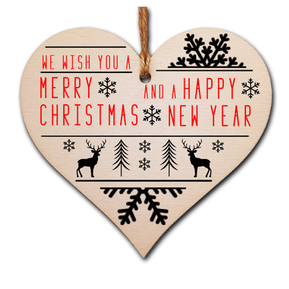 Handmade Christmas Hanging Wooden Heart Plaque Decoration Gift or Tag to wish someone special a merry xmas Stag and Snowflake monochrome design festive bauble