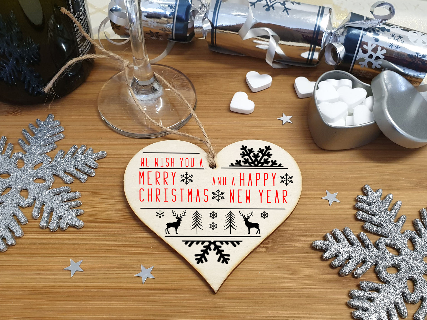 Handmade Christmas Hanging Wooden Heart Plaque Decoration Gift or Tag to wish someone special a merry xmas Stag and Snowflake monochrome design festive bauble