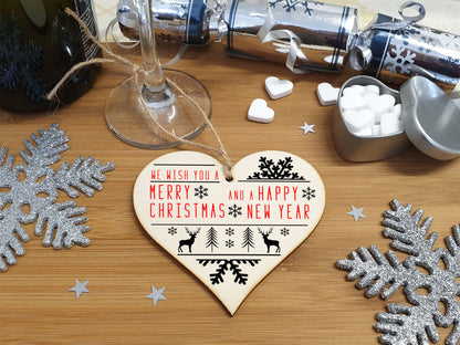 Handmade Christmas Hanging Wooden Heart Plaque Decoration Gift or Tag to wish someone special a merry xmas Stag and Snowflake monochrome design festive bauble