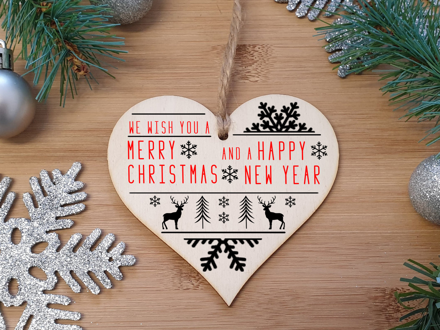 Handmade Christmas Hanging Wooden Heart Plaque Decoration Gift or Tag to wish someone special a merry xmas Stag and Snowflake monochrome design festive bauble