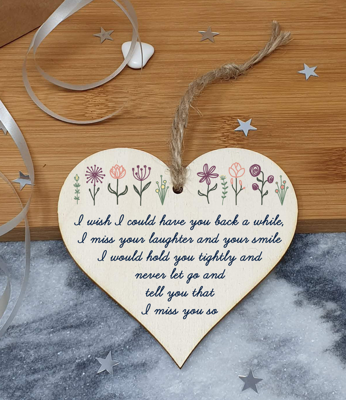 Handmade Wooden Hanging Heart Plaque Gift Miss Your Laughter Smile Hold Tight Bereavement In Memory Keepsake Wall Hanger