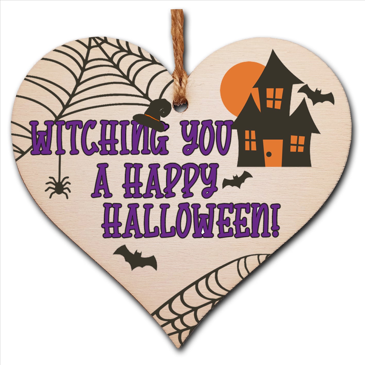 Witching You Happy Halloween Haunted House Spooky Fun Hanging Heart Wooden Decoration Gift Card Alternative