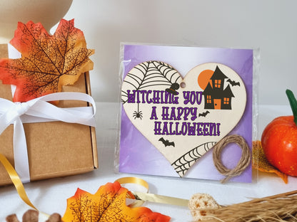 Witching You Happy Halloween Haunted House Spooky Fun Hanging Heart Wooden Decoration Gift Card Alternative