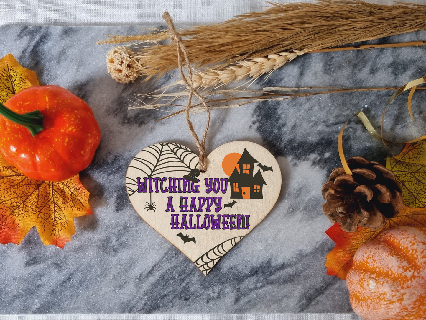 Witching You Happy Halloween Haunted House Spooky Fun Hanging Heart Wooden Decoration Gift Card Alternative