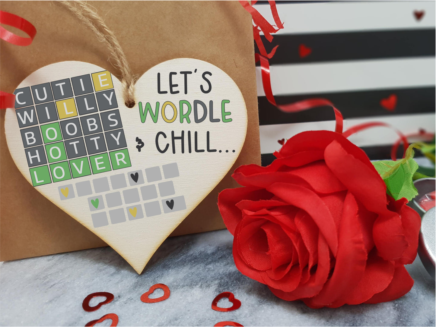 Handmade Wooden Hanging Heart Plaque Gift Lets Wordle and Chill Funny Rude Play on Words Boyfriend Girlfriend