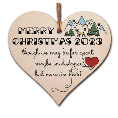 Handmade Wooden Hanging Heart Plaque Christmas Tree Bauble Though We May Be Far Apart 2022 Card Alternative Long Distance Family Friends