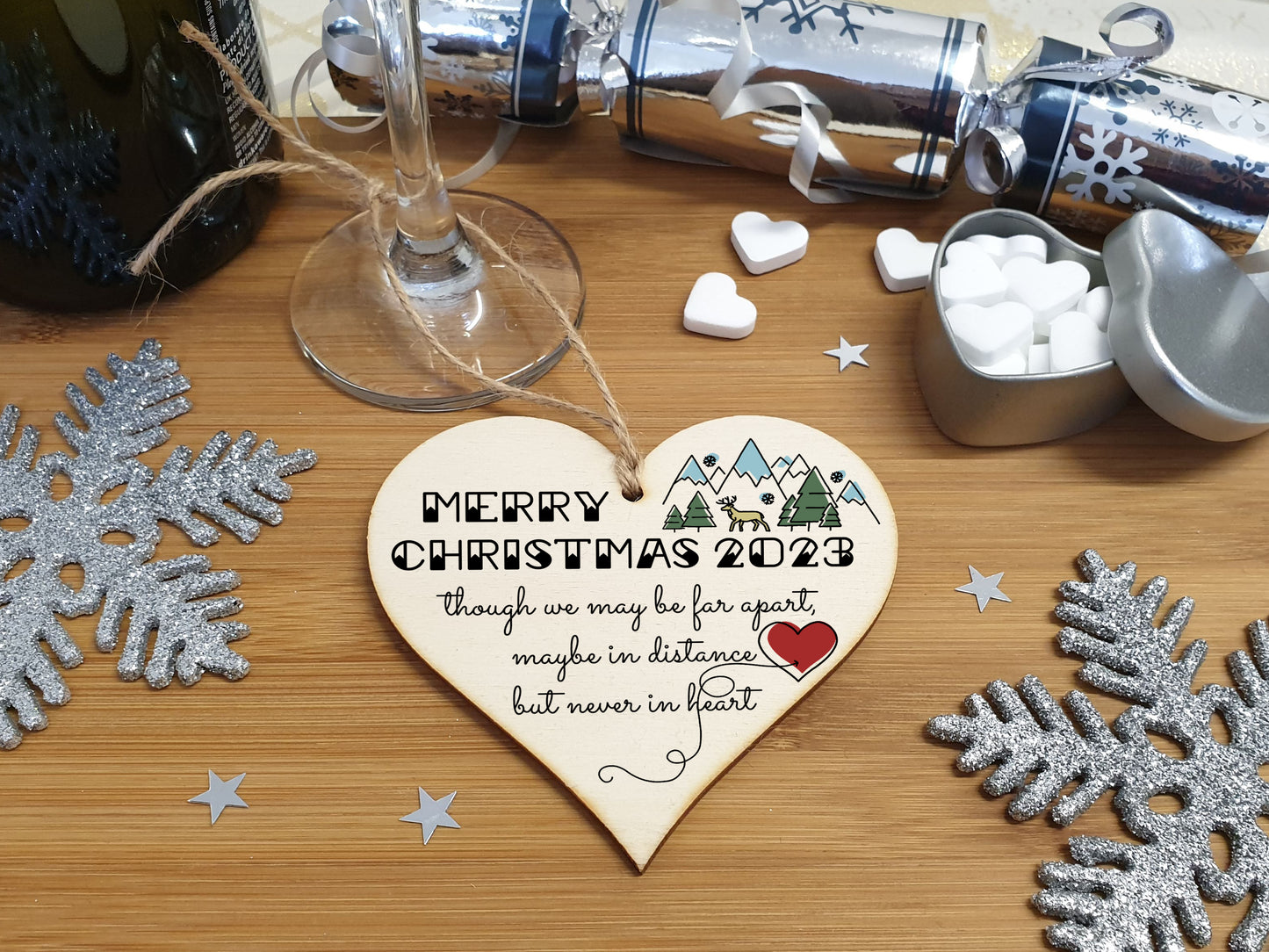 Handmade Wooden Hanging Heart Plaque Christmas Tree Bauble Though We May Be Far Apart 2022 Card Alternative Long Distance Family Friends