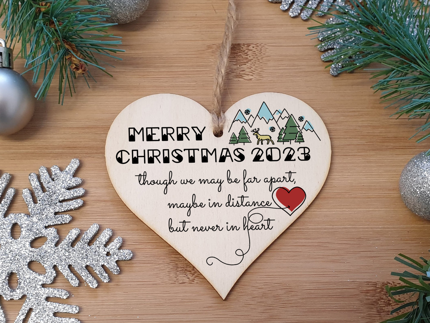 Handmade Wooden Hanging Heart Plaque Christmas Tree Bauble Though We May Be Far Apart 2022 Card Alternative Long Distance Family Friends