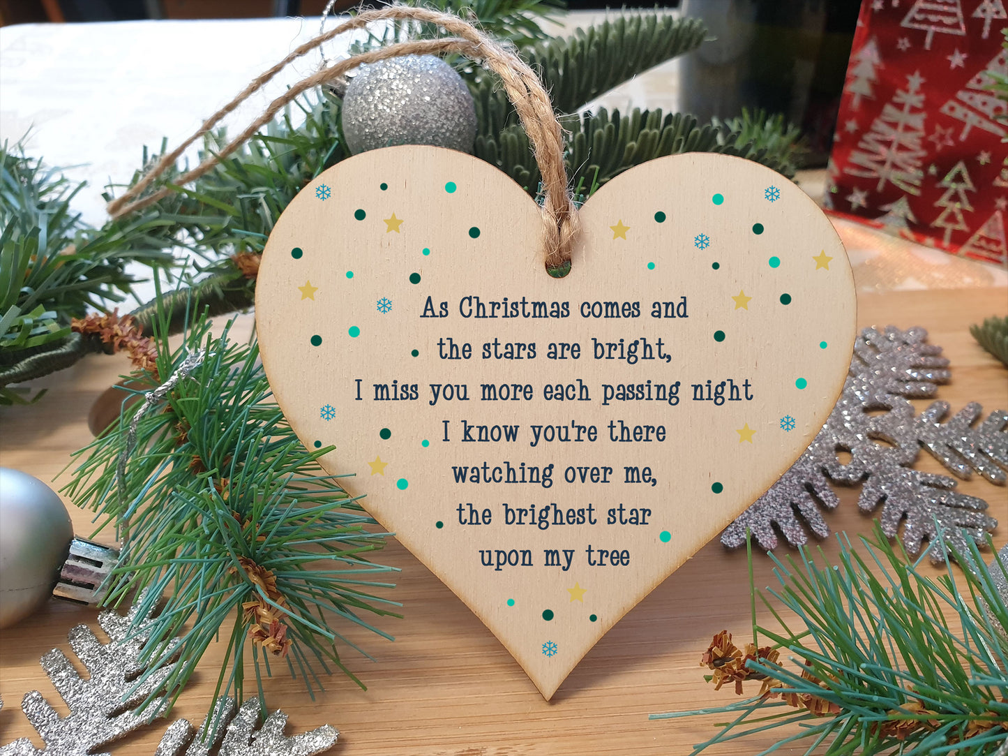 Handmade Wooden Hanging Heart Plaque Gift Christmas Comes Miss You Brightest Star Bereavement In Memory Keepsake Wall Hanger