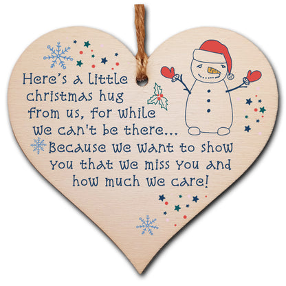 Handmade Wooden Hanging Heart Plaque Christmas Tree Bauble A Little Hug While We Can't Be There Card Alternative Long Distance Family Friends