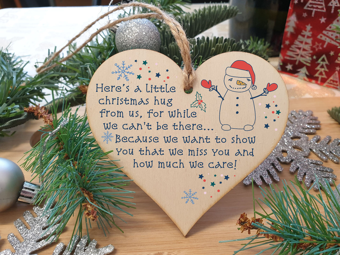 Handmade Wooden Hanging Heart Plaque Christmas Tree Bauble A Little Hug While We Can't Be There Card Alternative Long Distance Family Friends