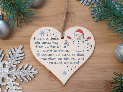 Handmade Wooden Hanging Heart Plaque Christmas Tree Bauble A Little Hug While We Can't Be There Card Alternative Long Distance Family Friends