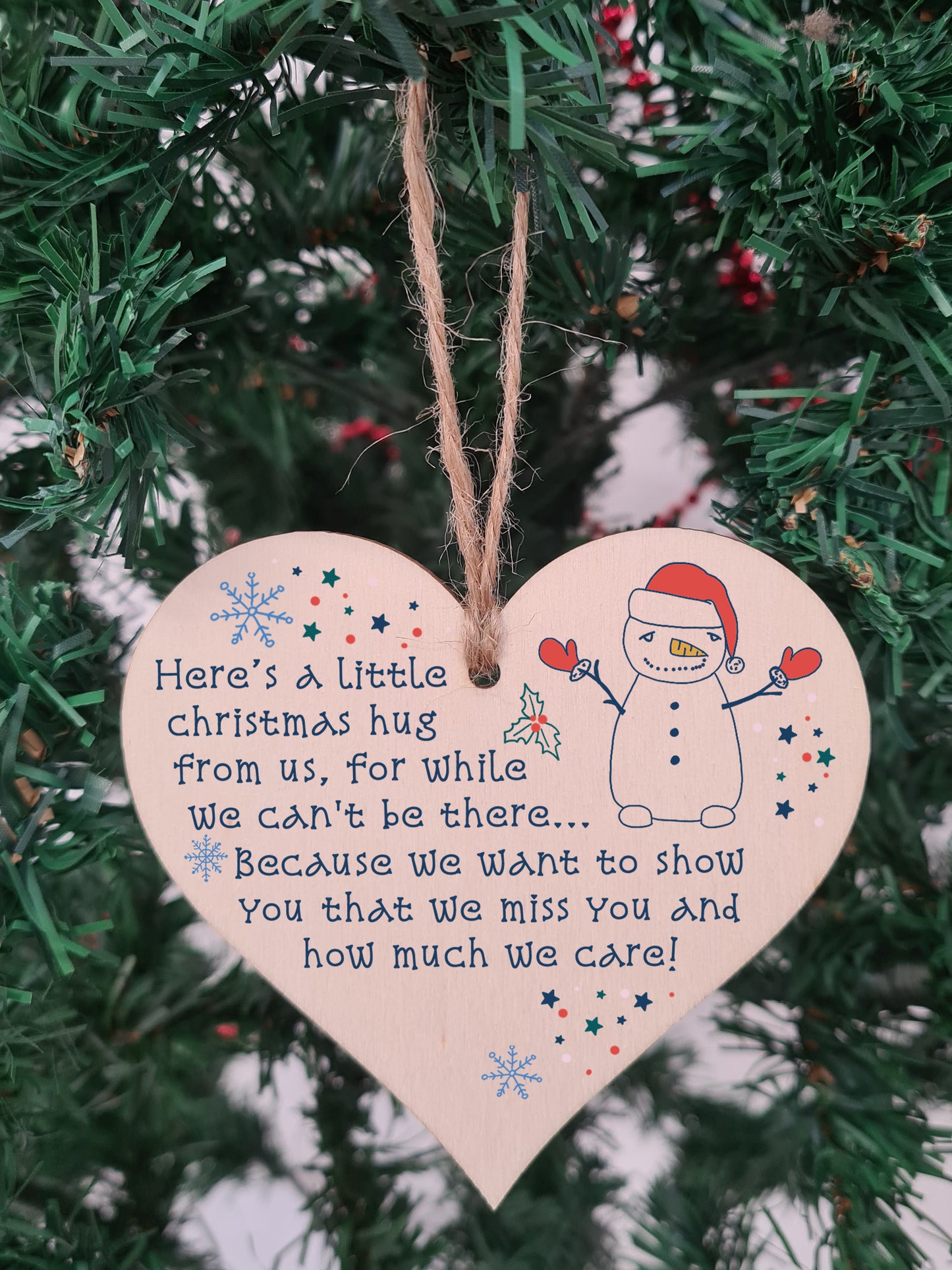 Handmade Wooden Hanging Heart Plaque Christmas Tree Bauble A Little Hug While We Can't Be There Card Alternative Long Distance Family Friends