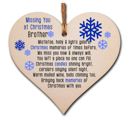 Handmade Wooden Christmas Hanging Heart Plaque Gift Missing you at Xmas Brother sentimental rememberance present tree decoration snowflake lost loved ones