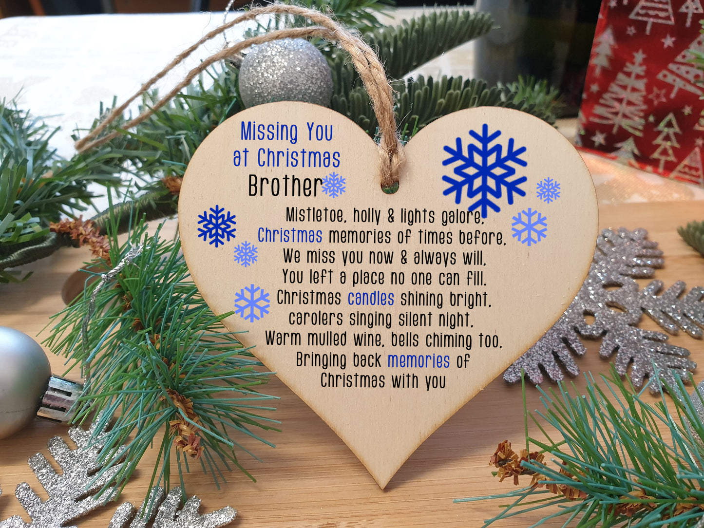 Handmade Wooden Christmas Hanging Heart Plaque Gift Missing you at Xmas Brother sentimental rememberance present tree decoration snowflake lost loved ones