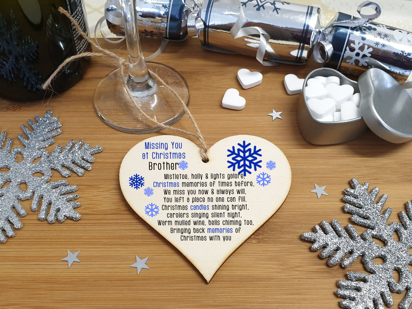 Handmade Wooden Christmas Hanging Heart Plaque Gift Missing you at Xmas Brother sentimental rememberance present tree decoration snowflake lost loved ones