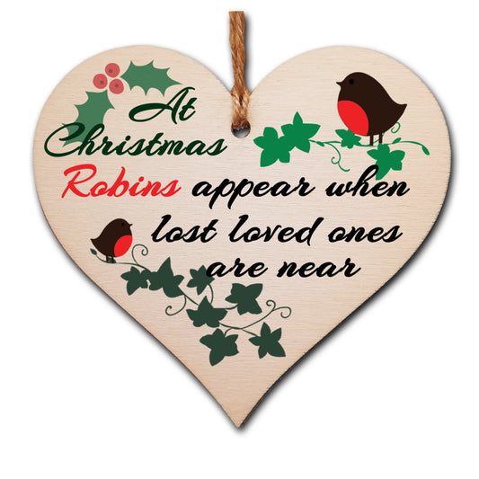 Handmade Wooden Christmas Hanging Heart Plaque Gift Robins appear when loved ones are near sentimental gift of rememberance