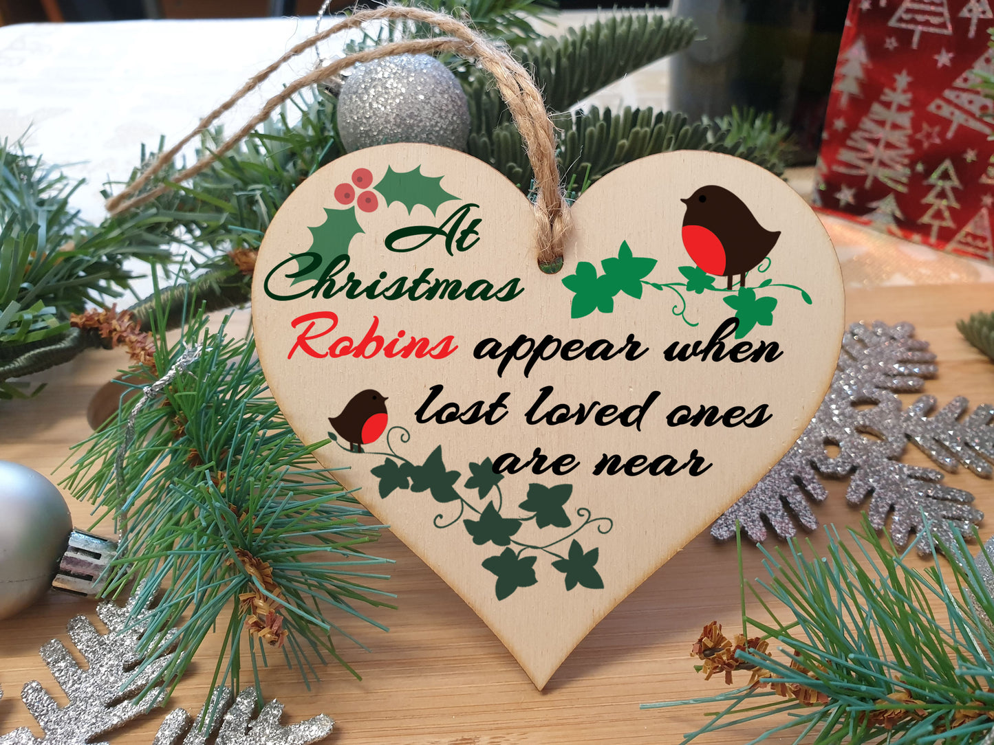 Handmade Wooden Christmas Hanging Heart Plaque Gift Robins appear when loved ones are near sentimental gift of rememberance