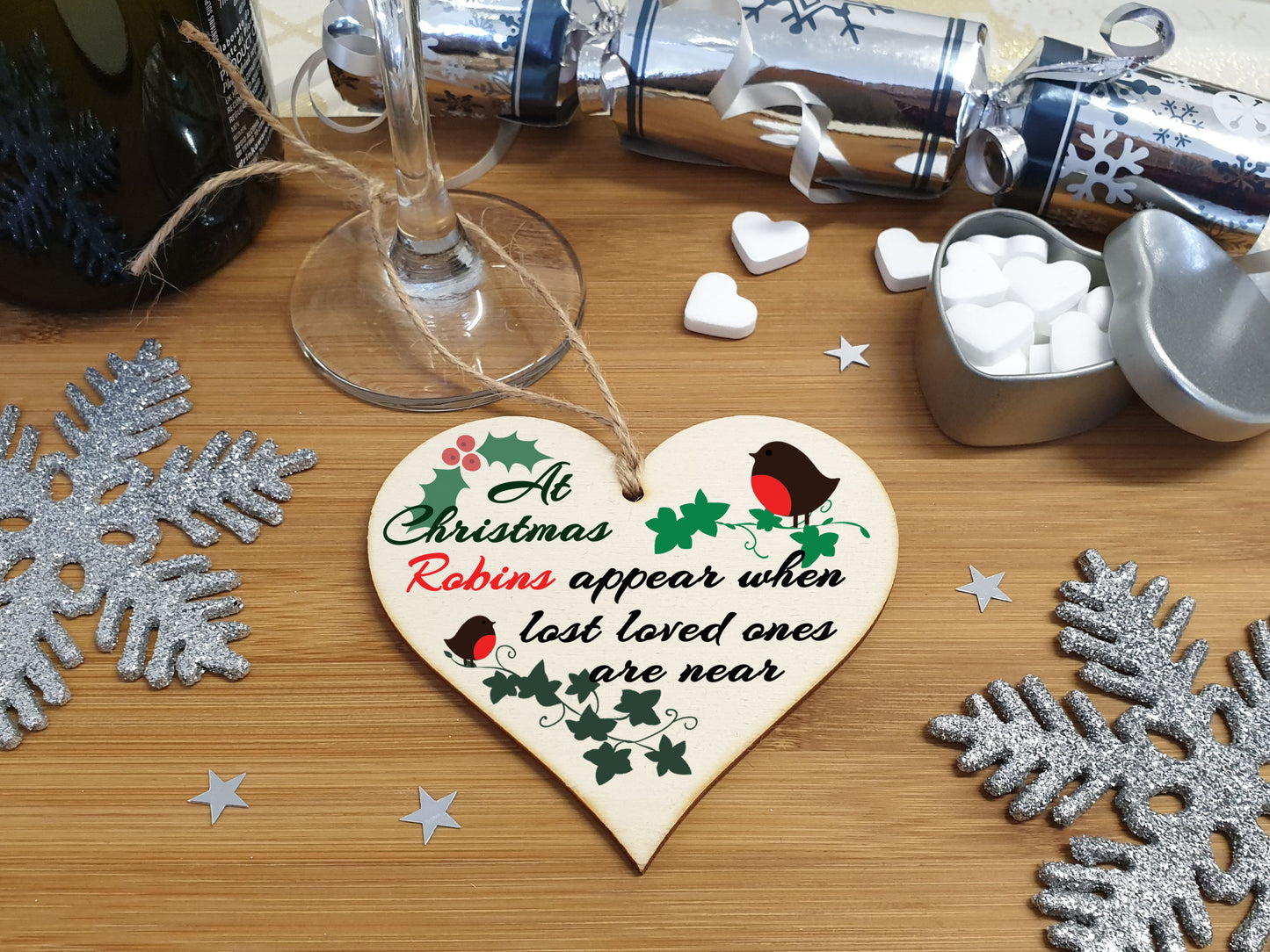 Handmade Wooden Christmas Hanging Heart Plaque Gift Robins appear when loved ones are near sentimental gift of rememberance