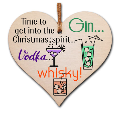 Handmade Christmas Hanging Wooden Heart Plaque Decoration Gift Christmas Spirit perfect for gin vodka whisky lovers novelty boozy xmas festive bauble