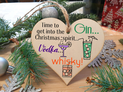 Handmade Christmas Hanging Wooden Heart Plaque Decoration Gift Christmas Spirit perfect for gin vodka whisky lovers novelty boozy xmas festive bauble