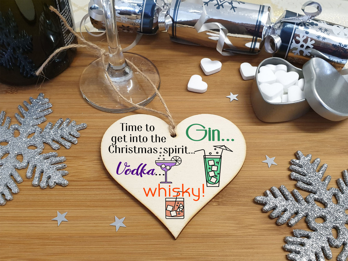 Handmade Christmas Hanging Wooden Heart Plaque Decoration Gift Christmas Spirit perfect for gin vodka whisky lovers novelty boozy xmas festive bauble