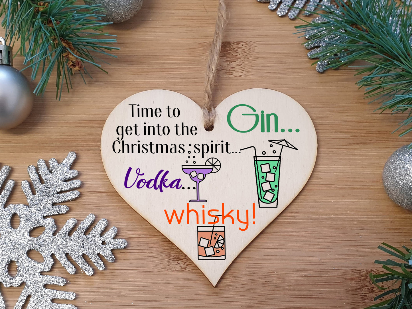 Handmade Christmas Hanging Wooden Heart Plaque Decoration Gift Christmas Spirit perfect for gin vodka whisky lovers novelty boozy xmas festive bauble