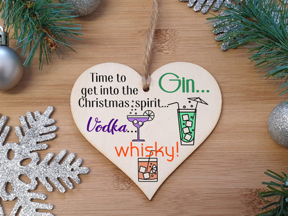 Handmade Christmas Hanging Wooden Heart Plaque Decoration Gift Christmas Spirit perfect for gin vodka whisky lovers novelty boozy xmas festive bauble