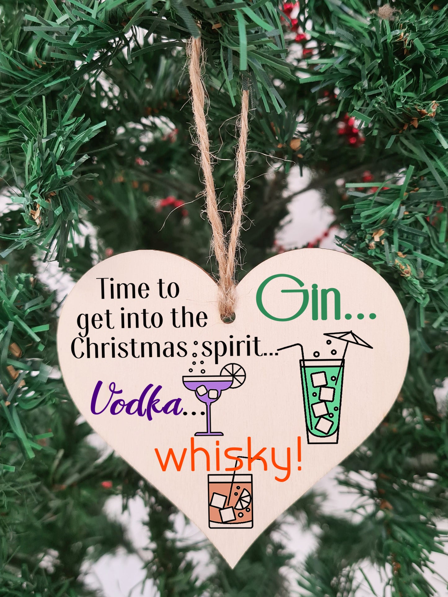 Handmade Christmas Hanging Wooden Heart Plaque Decoration Gift Christmas Spirit perfect for gin vodka whisky lovers novelty boozy xmas festive bauble