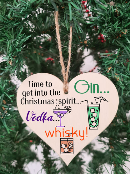 Handmade Christmas Hanging Wooden Heart Plaque Decoration Gift Christmas Spirit perfect for gin vodka whisky lovers novelty boozy xmas festive bauble