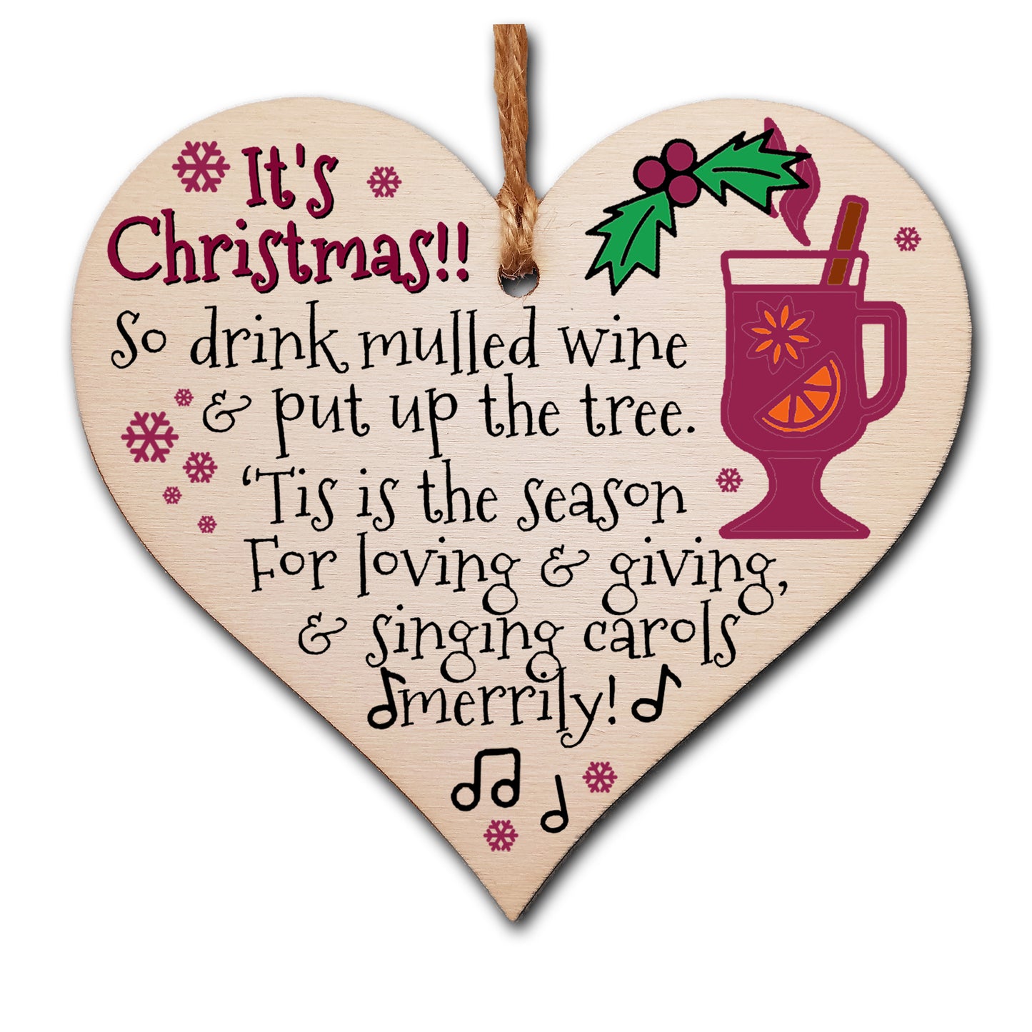 Handmade Christmas Hanging Wooden Heart Plaque Decoration Gift Christmas Mulled Wine Jolly Season Tag to wish someone special a merry xmas festive bauble