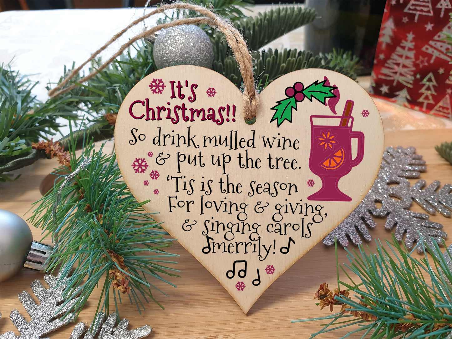 Handmade Christmas Hanging Wooden Heart Plaque Decoration Gift Christmas Mulled Wine Jolly Season Tag to wish someone special a merry xmas festive bauble