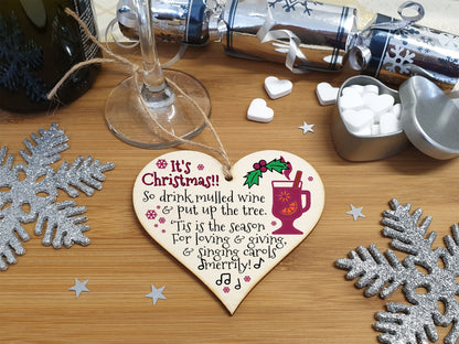 Handmade Christmas Hanging Wooden Heart Plaque Decoration Gift Christmas Mulled Wine Jolly Season Tag to wish someone special a merry xmas festive bauble