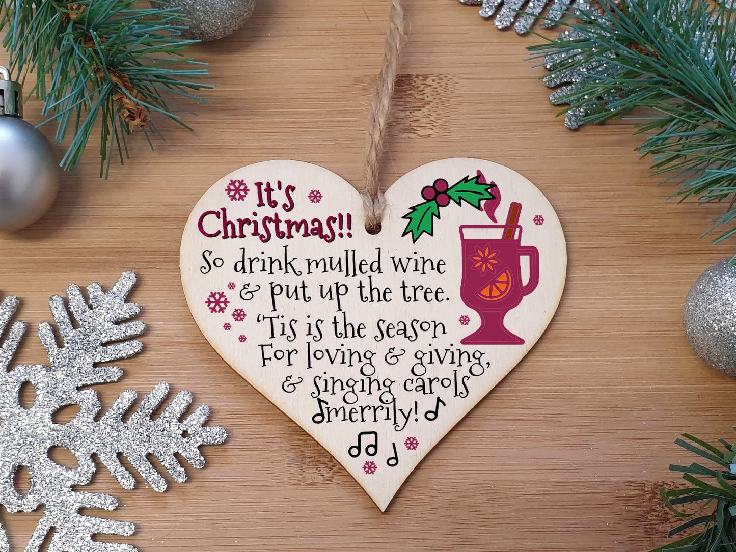 Handmade Christmas Hanging Wooden Heart Plaque Decoration Gift Christmas Mulled Wine Jolly Season Tag to wish someone special a merry xmas festive bauble