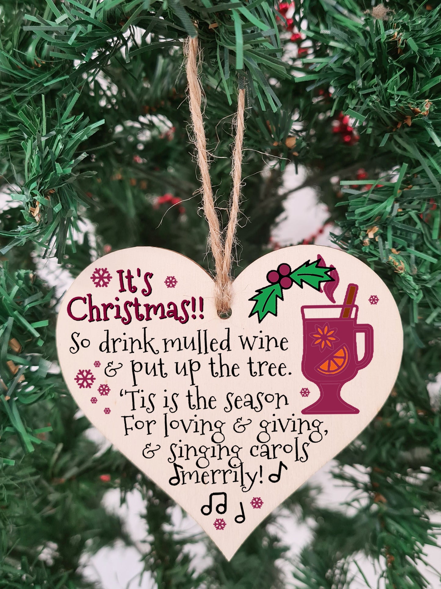 Handmade Christmas Hanging Wooden Heart Plaque Decoration Gift Christmas Mulled Wine Jolly Season Tag to wish someone special a merry xmas festive bauble