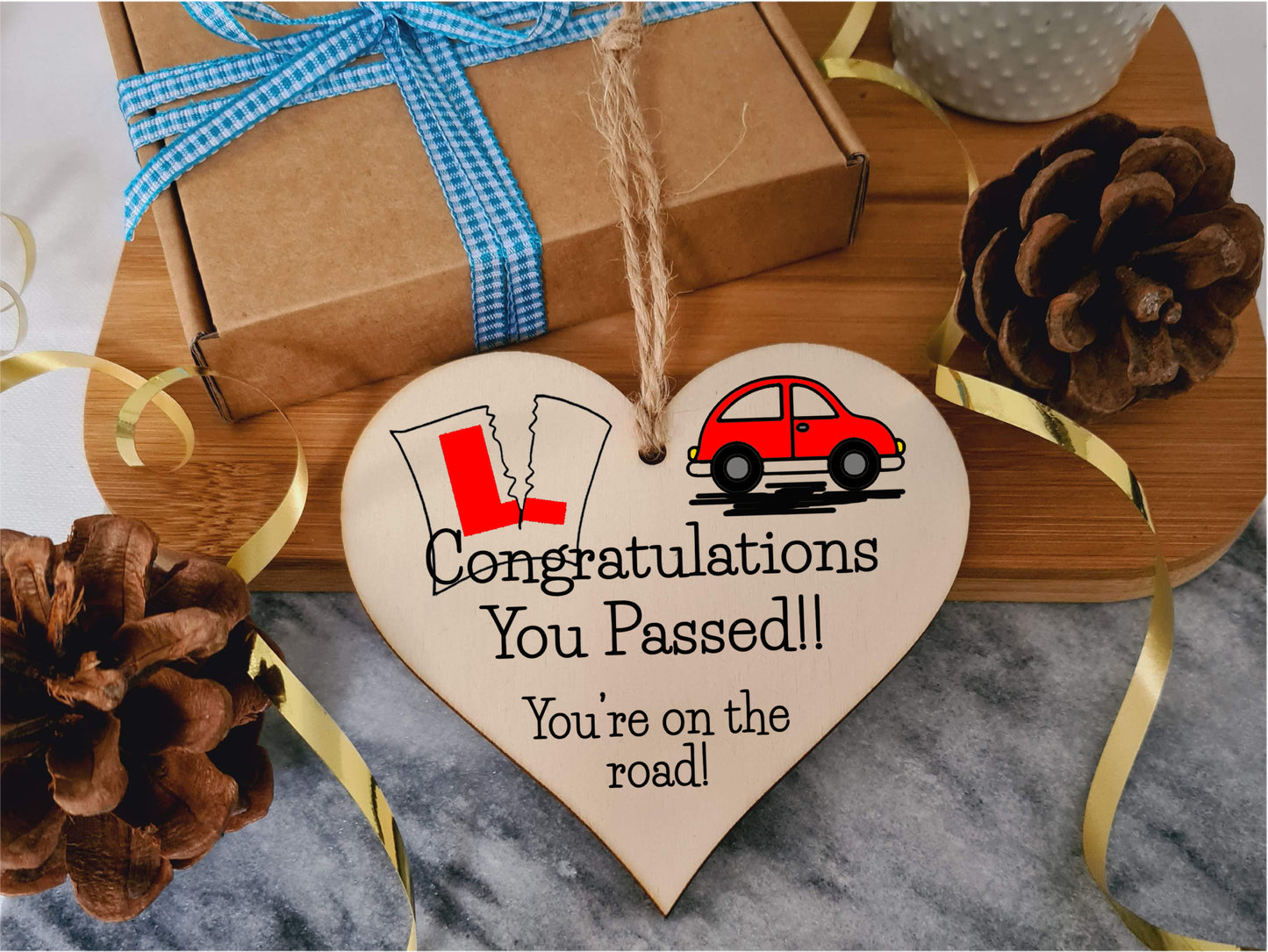 Handmade Wooden Hanging Heart Plaque Gift to Congratulate New Drivers Passed Driving Test Celebrate